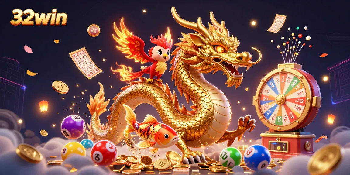 Experience big wins at 32win as a golden dragon coils with a phoenix in a lively casino scene.