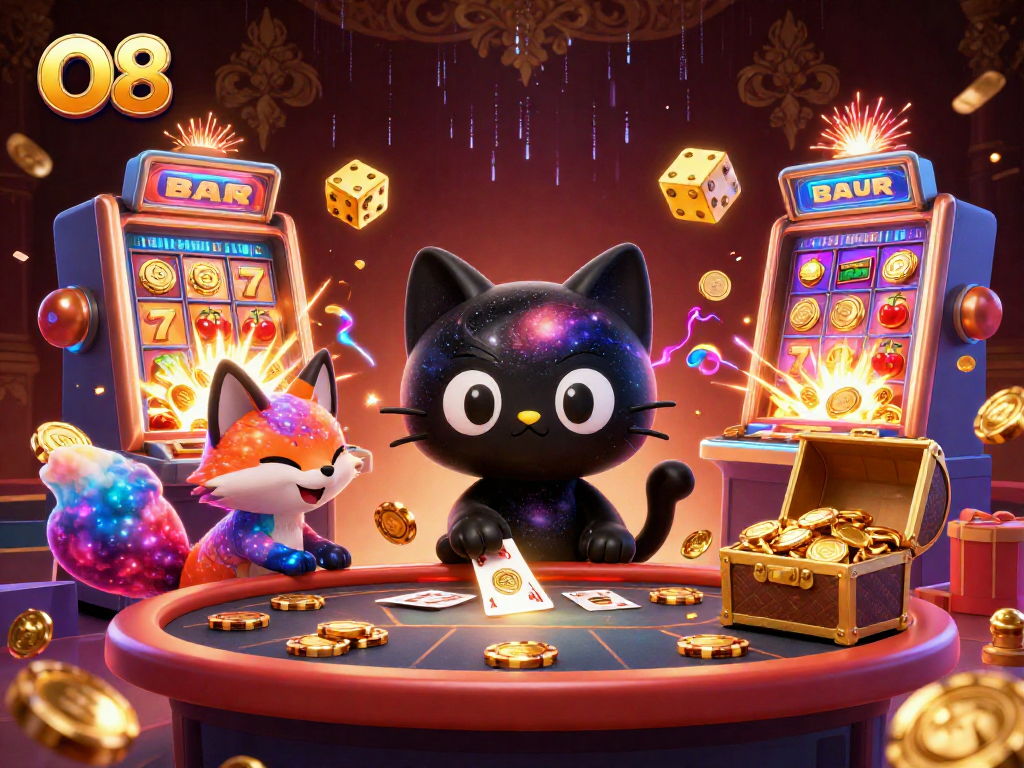 O8 captivates players with a thrilling cosmic casino scene featuring animated characters and dynamic game elements.
