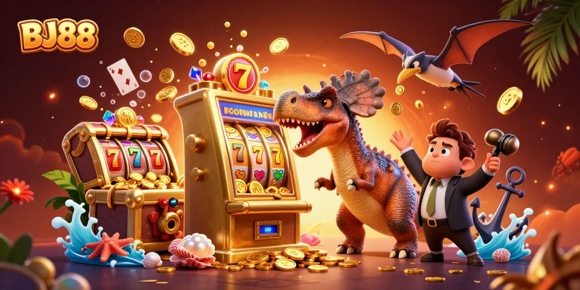 Engaging BJ88 scene depicting pachycephalosaurus winning coins at a slot machine with casino-themed elements.