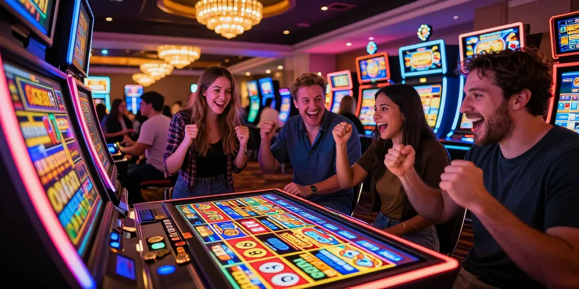 Celebration of a slot jackpot win among friends in a lively casino atmosphere.