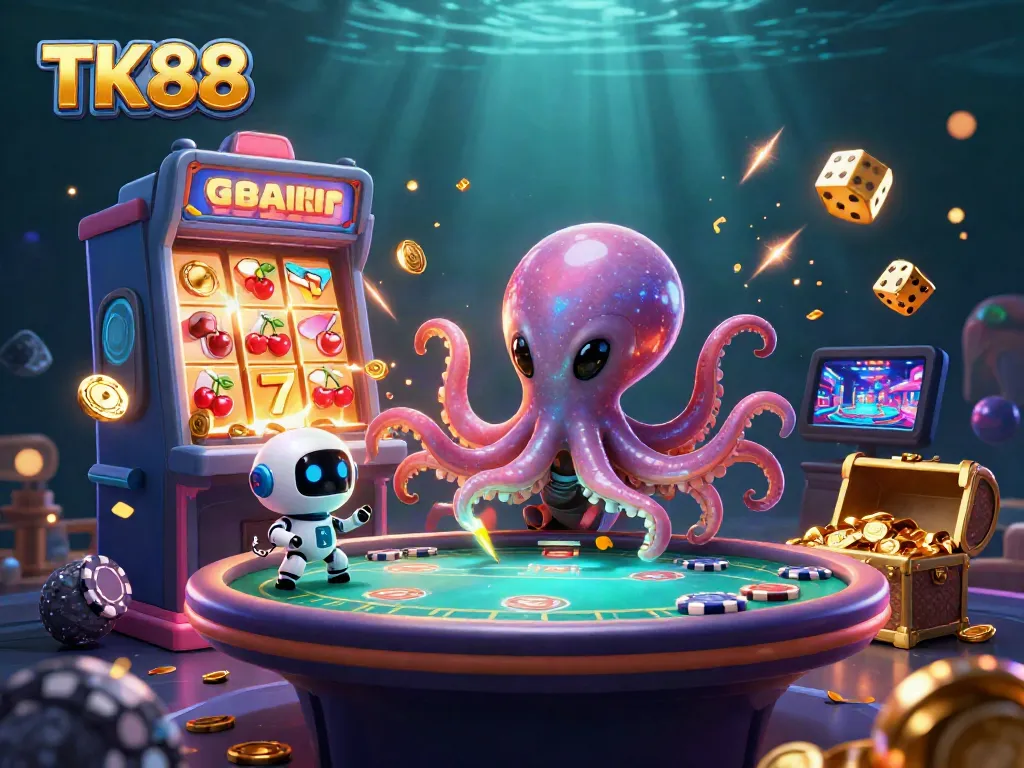 Experience the thrilling adventure at TK88 with a unique alien octopus hosting a holographic poker game.