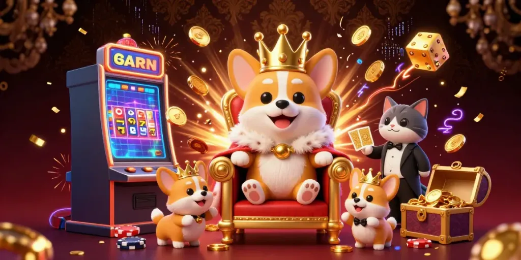 Experience vibrant casino fun with 68WIN featuring a royal corgi on poker chips surrounded by exciting game elements.