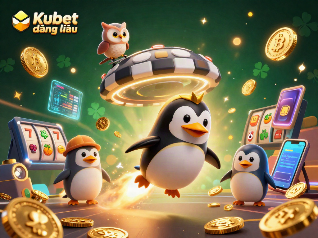 Experience thrilling Kubet đăng nhập with a golden penguin and crypto elements in this vibrant casino scene.