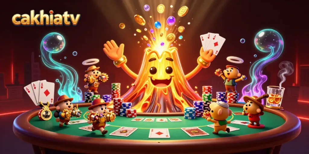 Cakhiatv showcases a dynamic illustration of a golden volcano erupting coins while explorer animals collect treasure amidst poker elements.