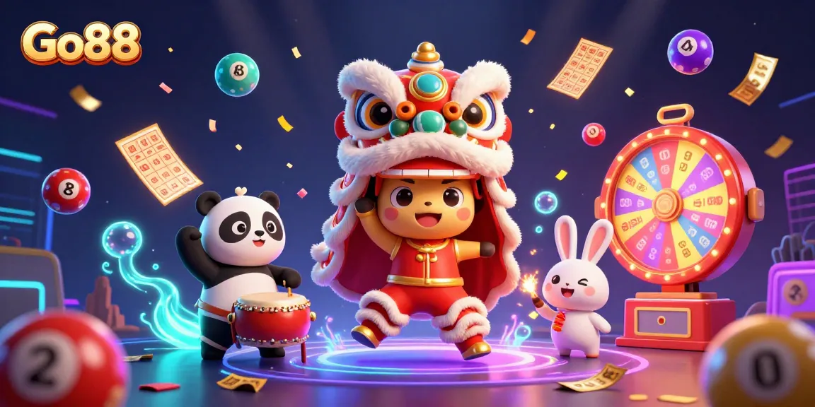 Engage with Go88 by enjoying vibrant lottery games featuring a lively Chinese lion dance and dynamic elements.