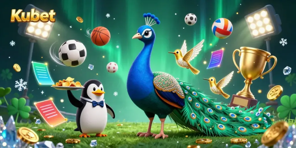 Kubet features an aristocratic peacock, a butler penguin with golden chips, and a golden hummingbird in a vibrant casino scene.