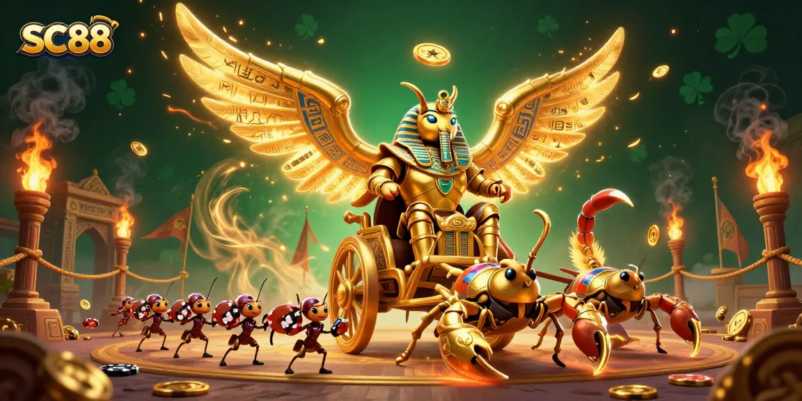 Engage with the thrilling atmosphere of SC88 in a dynamic casino scene featuring a grand golden scarab and scorpions.
