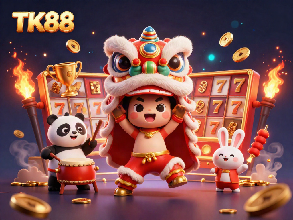Join the fun at TK88 with vibrant lion dance, slot reels, and thrilling action in this exciting casino scene!