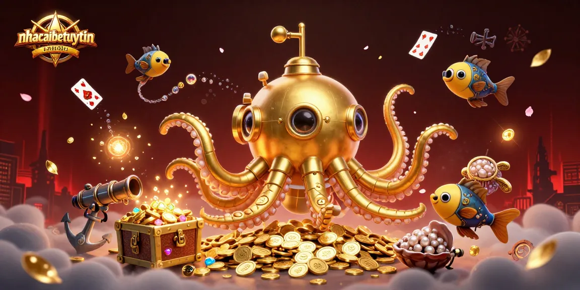 Experience the thrill of gaming with nhacaibetuytin's golden submarine and treasure-filled scene.