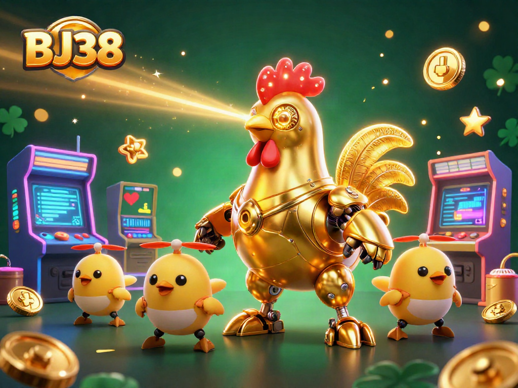 Experience the thrill of BJ38 with a dynamic scene of gaming characters and vibrant casino elements.