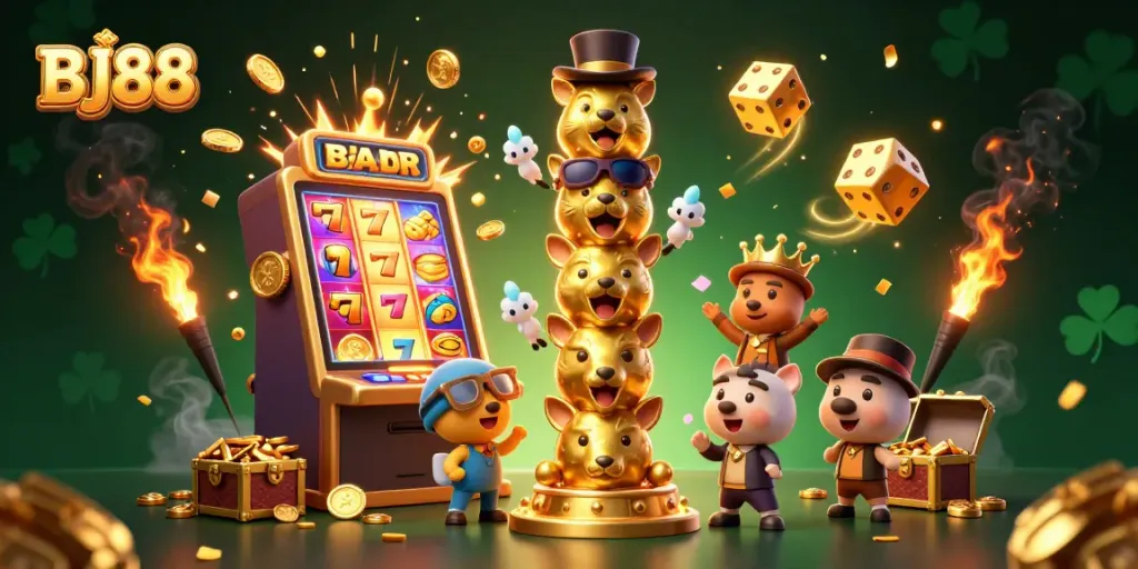 Win big at BJ88 with a vibrant 3D casino illustration showcasing exciting jackpot rewards and lively gaming action