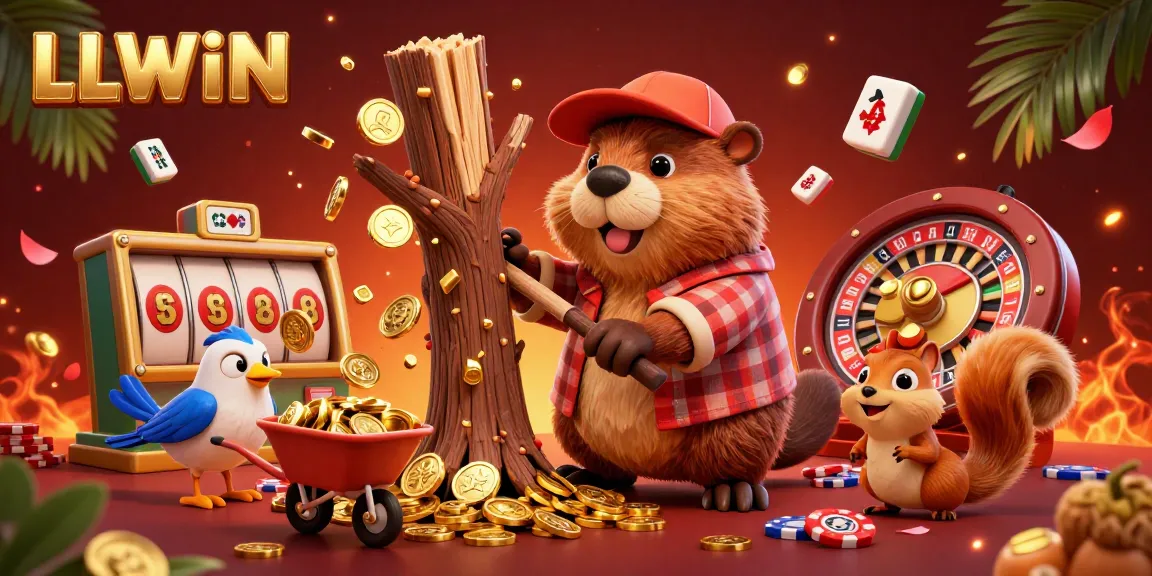 Experience the vibrant thrill of LLWIN with a cartoon beaver, golden coins, and dynamic casino elements.