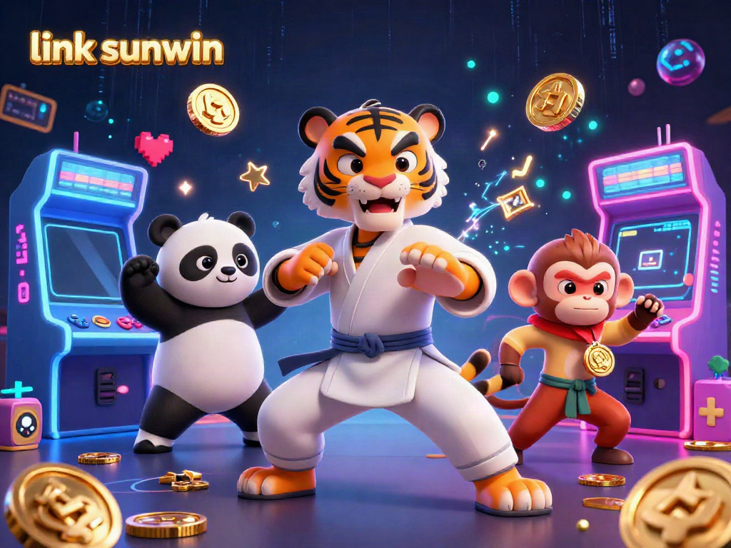 Engage with link sunwin's dynamic gaming scene featuring a kung fu tiger and panda in a vibrant casino setting.