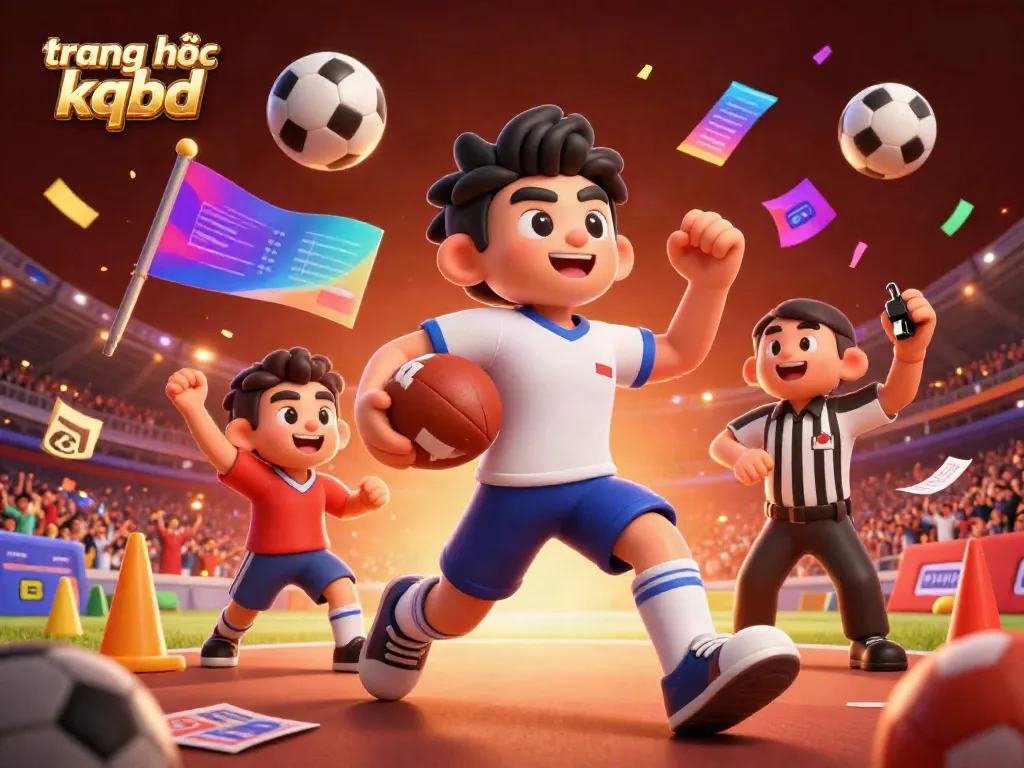 Engage with vibrant sports-themed visuals showcasing characters in action at trang chủ kqbd, complete with floating footballs and betting slips.