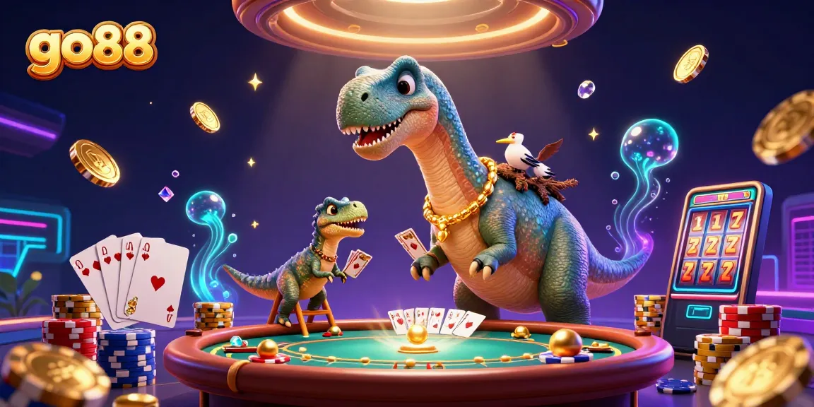 Experience the excitement of go88 with a vibrant 3D casino scene featuring a whimsical dinosaur and games!