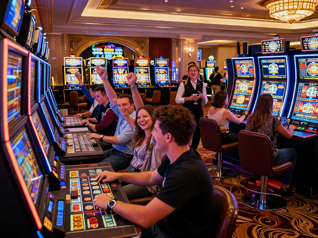 Slot jackpot celebration in an upscale casino with players enjoying high-stakes excitement.