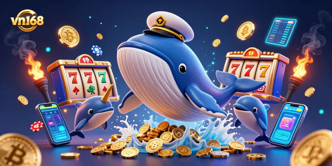 Play playful dolphins tossing poker chips and a whale in a captain's coat, promoting vn168 casino vibes.