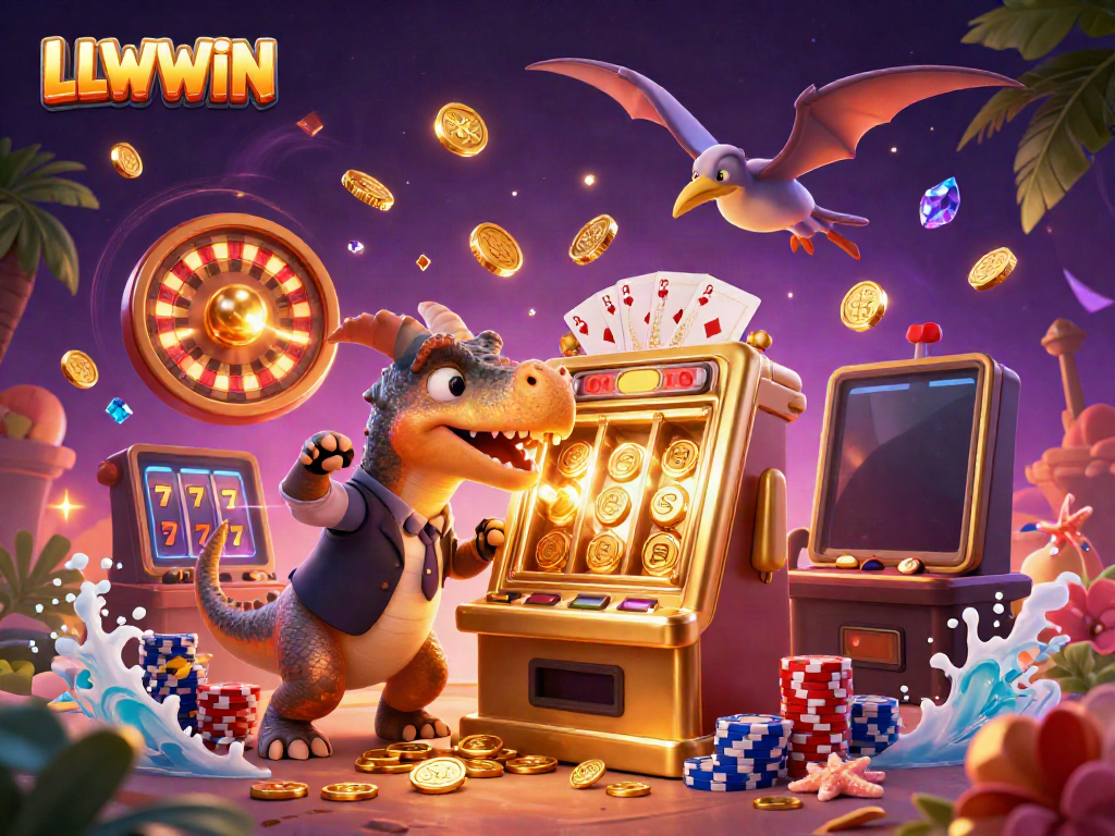 LLWWIN animation shows a pachycephalosaurus celebrating jackpot coins cascading from a golden slot machine.