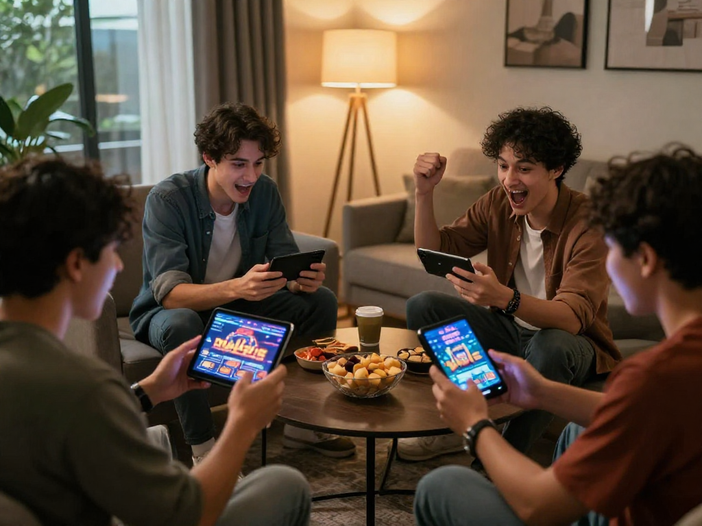 Players enjoying RAJA328 games in a cozy setting while logging in raja328 on multiple devices.