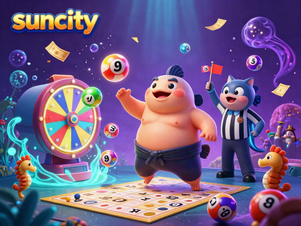 Engage in thrilling lottery action with Suncity's lively underwater scene featuring a giant fugu and vibrant game elements.