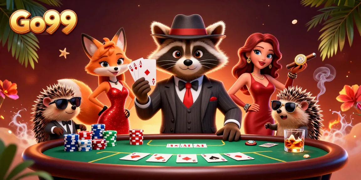 Experience thrilling poker action with Go99 as raccoon and companions showcase a royal flush in an exciting casino setting.