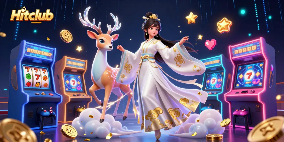 Engage with Hitclub's vibrant gaming universe featuring a dynamic character scene with slots and arcade elements.