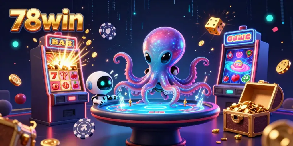 Engaging illustration of 78win showcasing dynamic alien characters at a holographic poker table with slots and casino elements.
