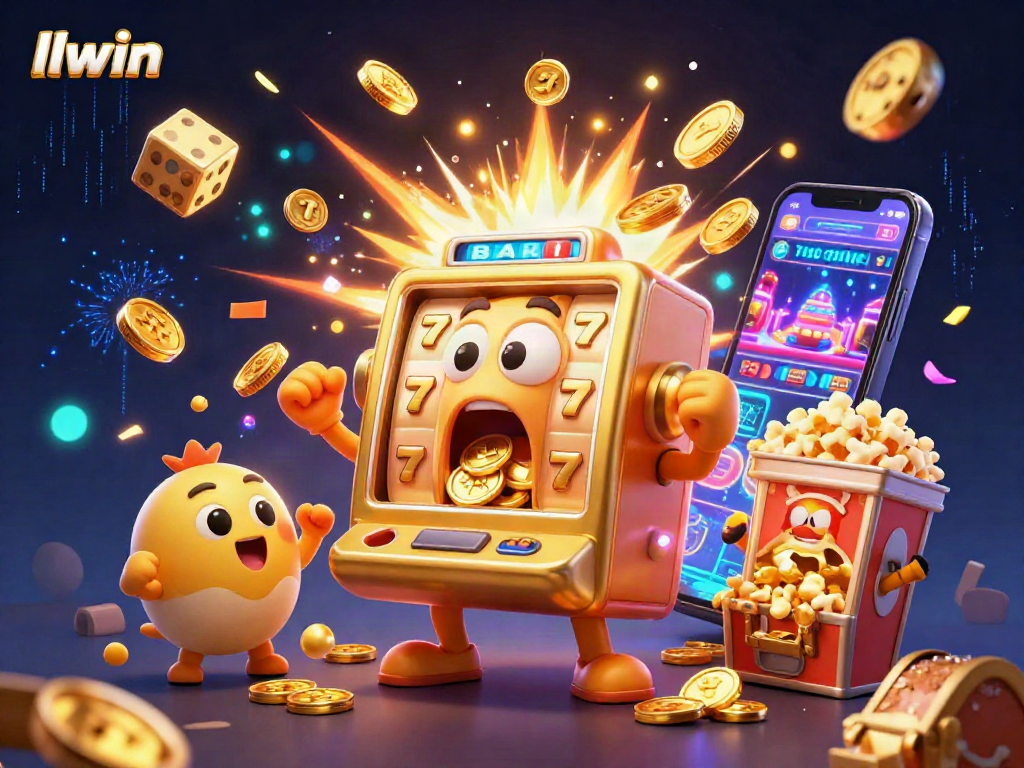 llwin slot machine hitting a jackpot, coins pouring out, baby machines celebrating with vibrant casino elements