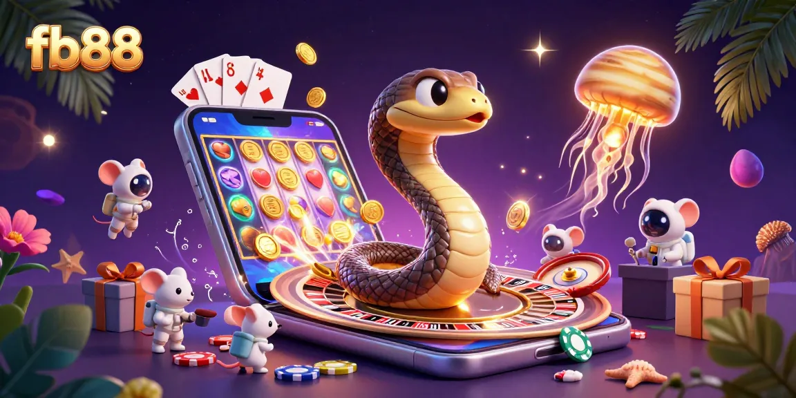 fb88 engages players with a vibrant cosmic casino scene featuring a roulette snake and astronaut mice betting