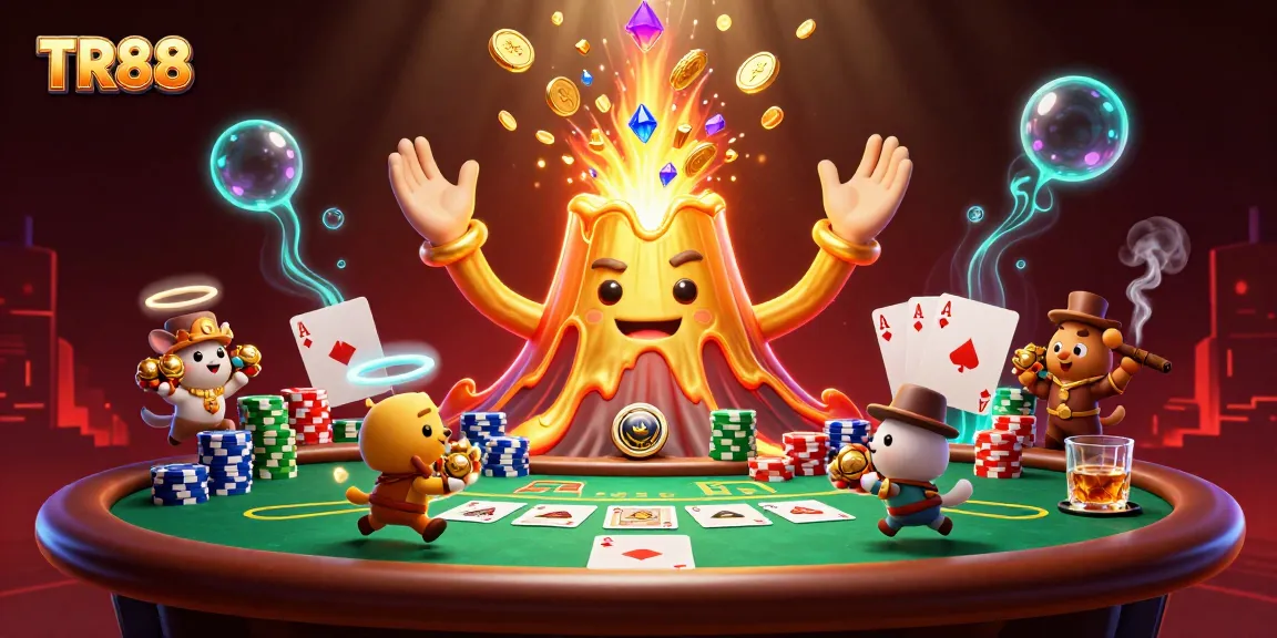 Experience thrilling wins at TR88 with a golden volcano erupting coins and treasure amidst vibrant gameplay.
