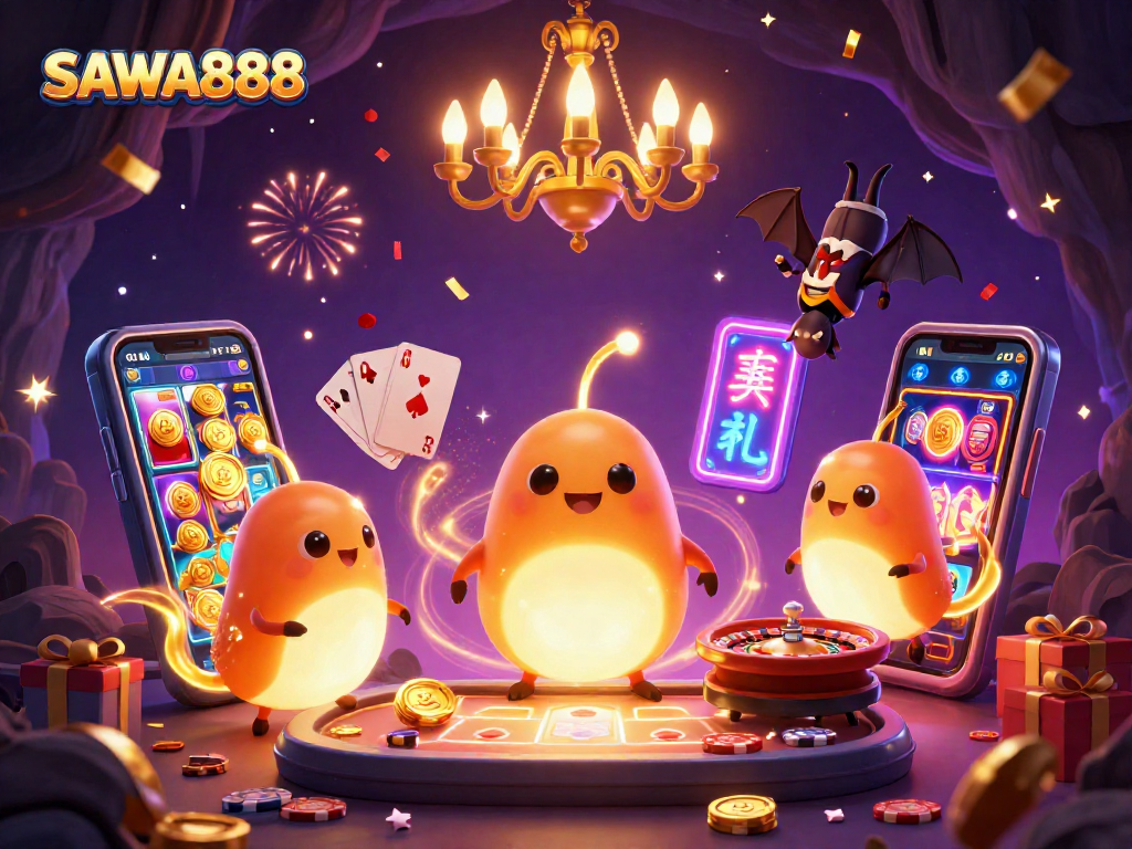 Join the excitement at SAWA888 with glowing glowworms lighting up a vibrant casino scene filled with luck!