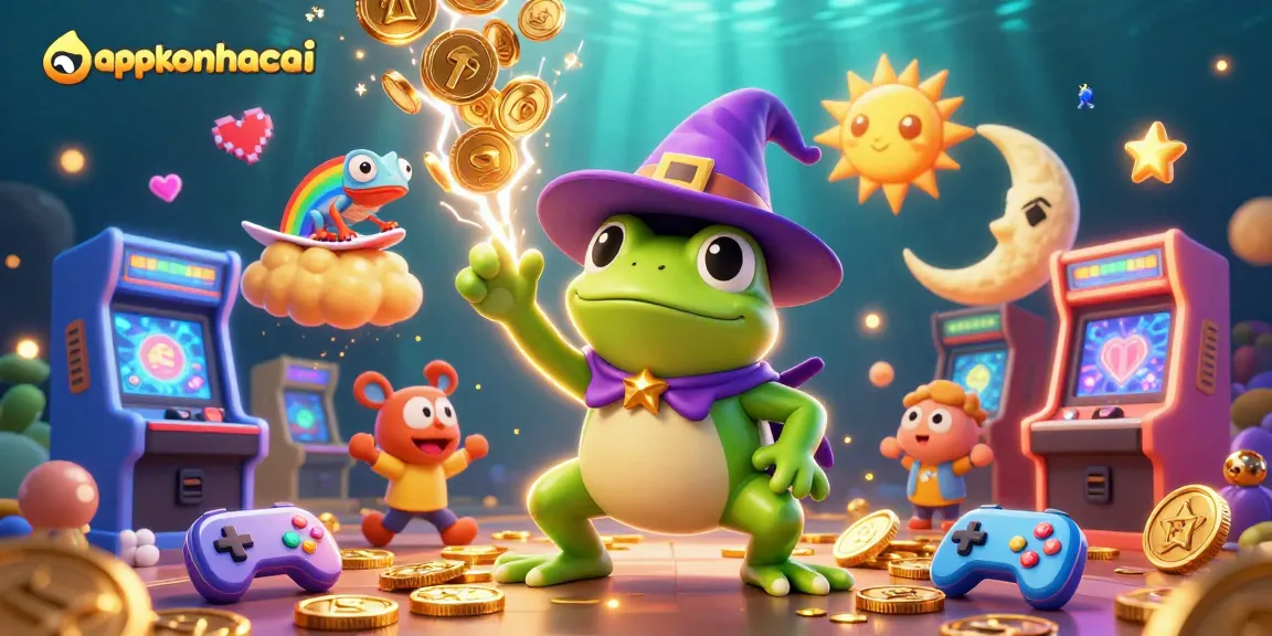 appkeonhacai showcases a magical scene with a frog wizard and a chameleon amidst a storm of golden coins, emphasizing gaming excitement.