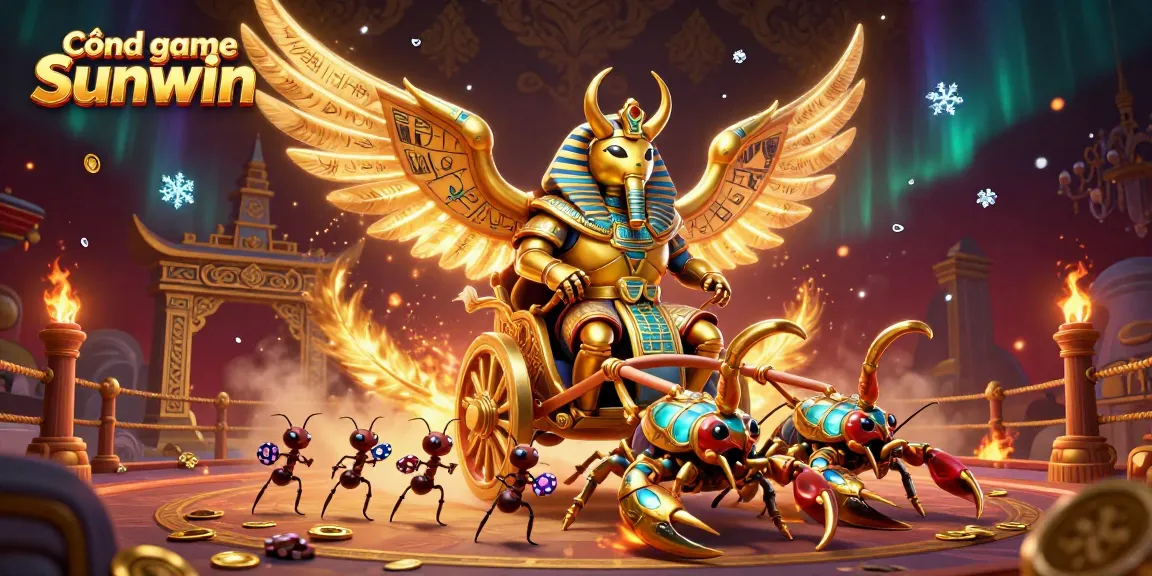 Experience thrilling gaming at Cổng game Sunwin with a stunning 3D illustration of a colossal golden scarab beetle and scorpions.