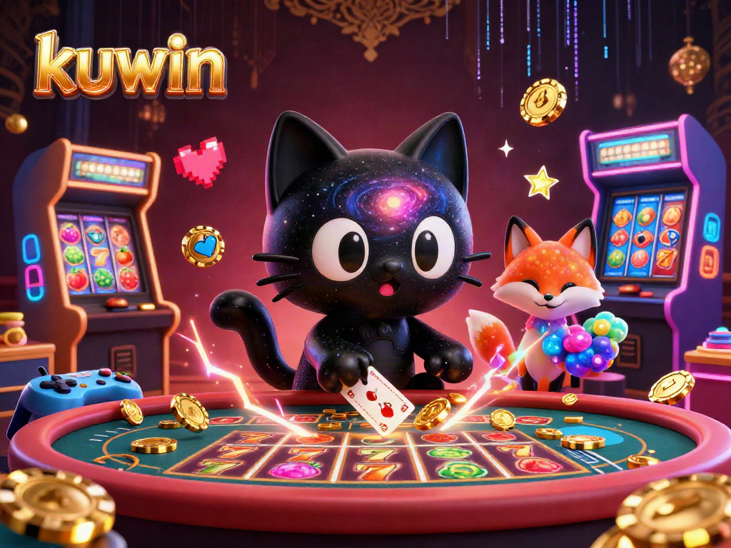Kuwin casino-themed illustration featuring a black hole cat and nebula fox at a vibrant cosmic table.