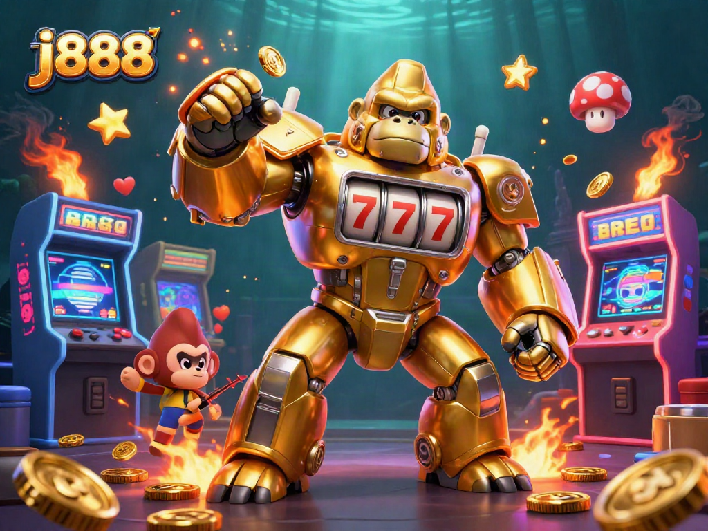 Experience thrilling wins at j888 with a vibrant casino-themed 3D illustration featuring energetic gaming elements.