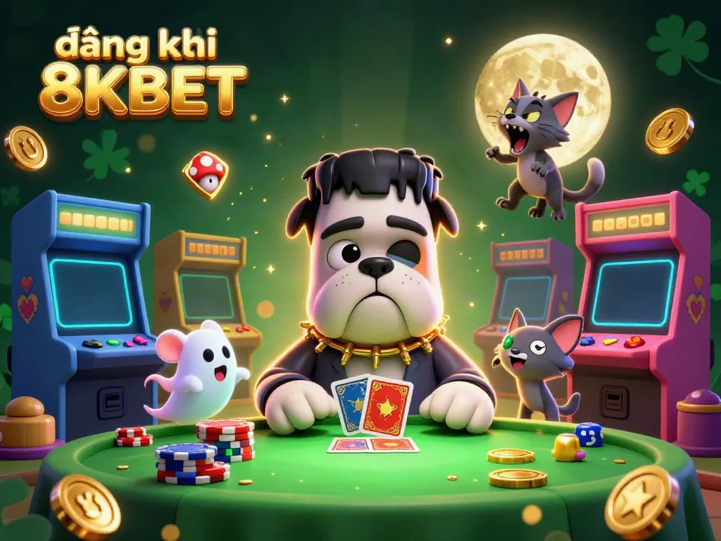 Engage in exciting gameplay with đăng ký 8KBET featuring a Frankenstein bulldog dealer and a werewolf kitten.
