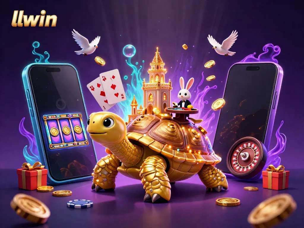 Join the excitement at llwin with a 3D illustration featuring a golden tortoise casino and rabbit dealer.