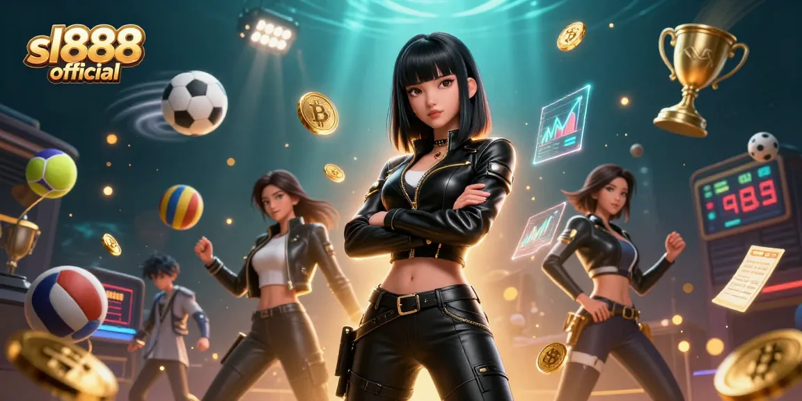 Bet on sports games at sl888 official with a stunning Asian woman encircled by vibrant icons and coins.