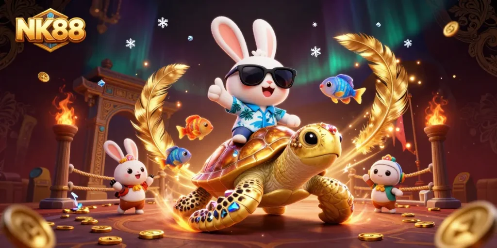 Experience thrilling gameplay at NK88 with a cartoon rabbit and golden turtle in a vibrant casino scene.