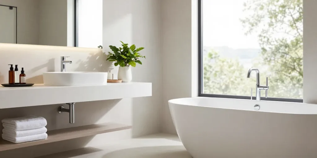 Elegant bathroom featuring KingKonree solid surface bathtub and wall basin with designer countertop.