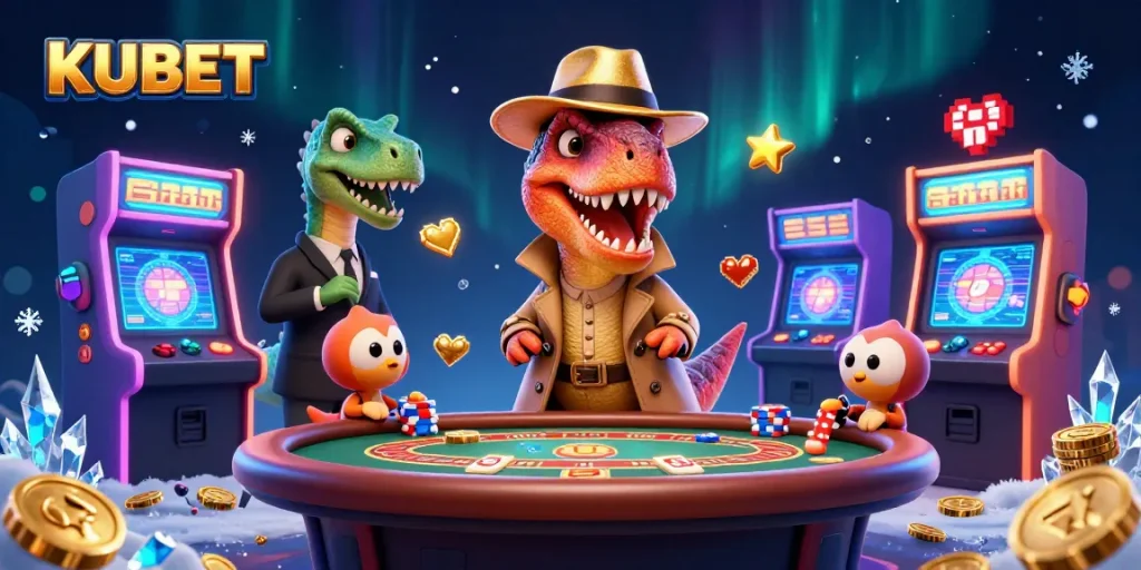 KUBET card counter velociraptor interacts at a vibrant blackjack table with a stegosaurus pit boss, underscoring casino dynamics.